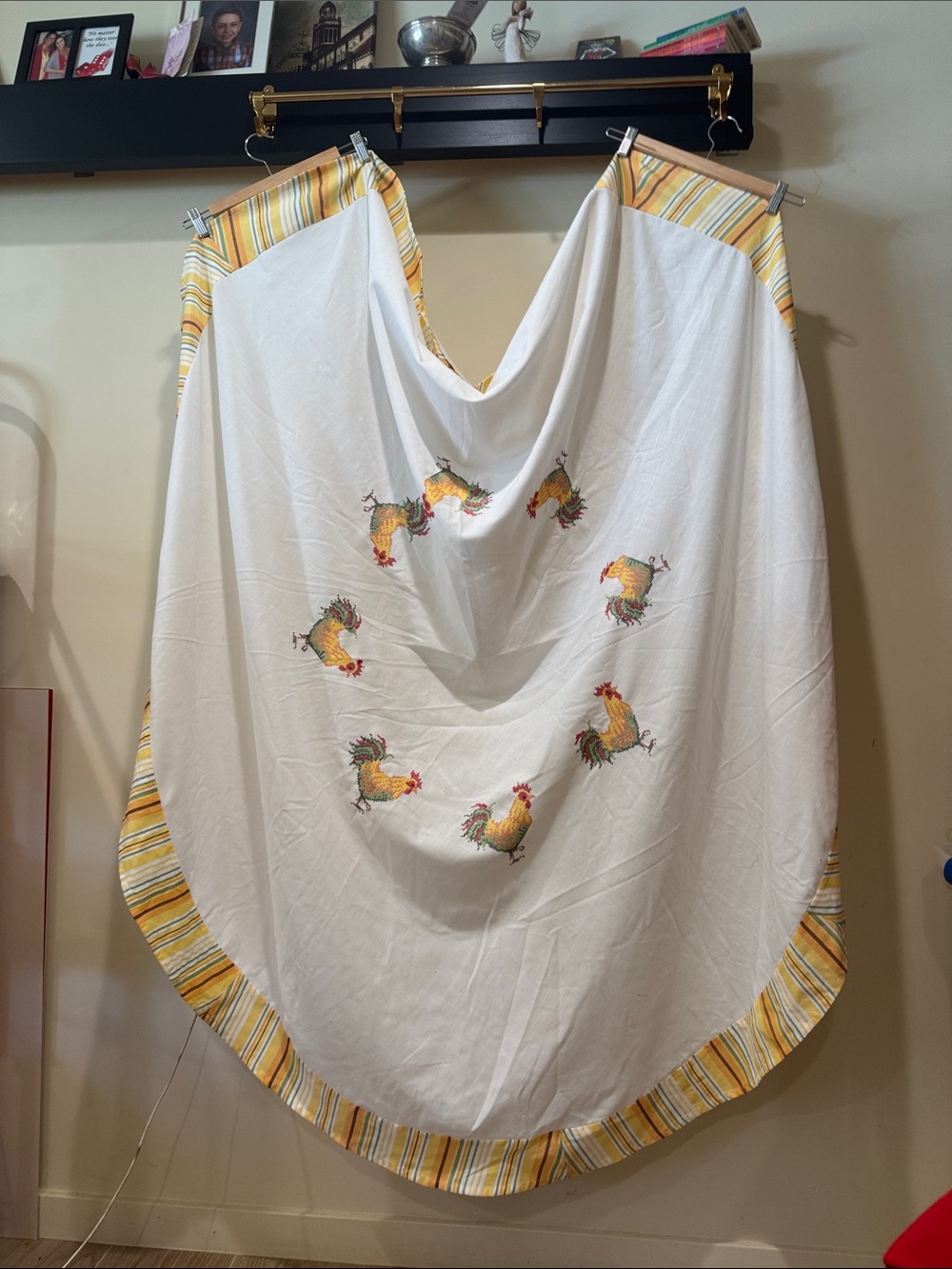White Rooster Embroidered Tablecloth with Yellow Stripe Border